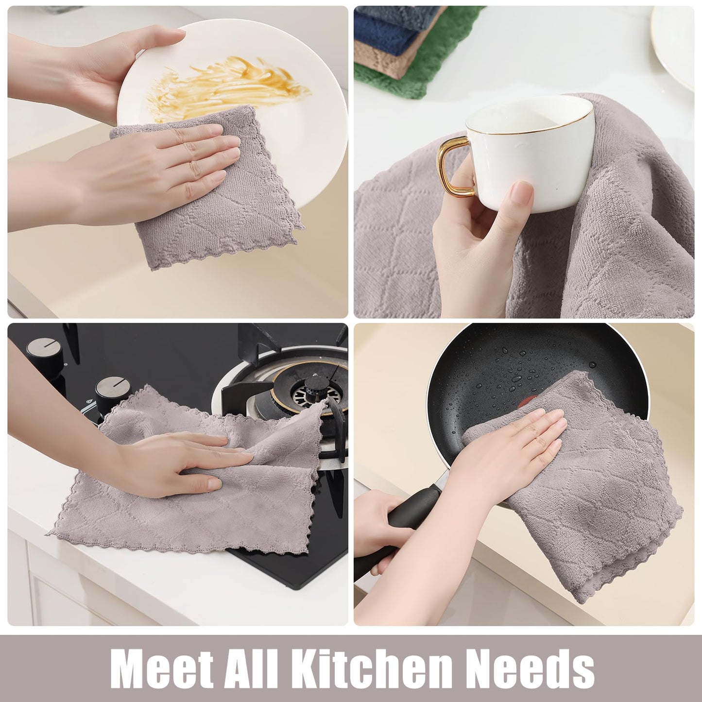 Homaxy 12 Pack Kitchen Dish Cloths (10 x 10 Inches, Grey), Super Soft and Absorbent Coral Velvet Dish Towels, Nonstick Oil Fast Drying Microfiber Cleaning Cloth, No Lint Household Dishcloths