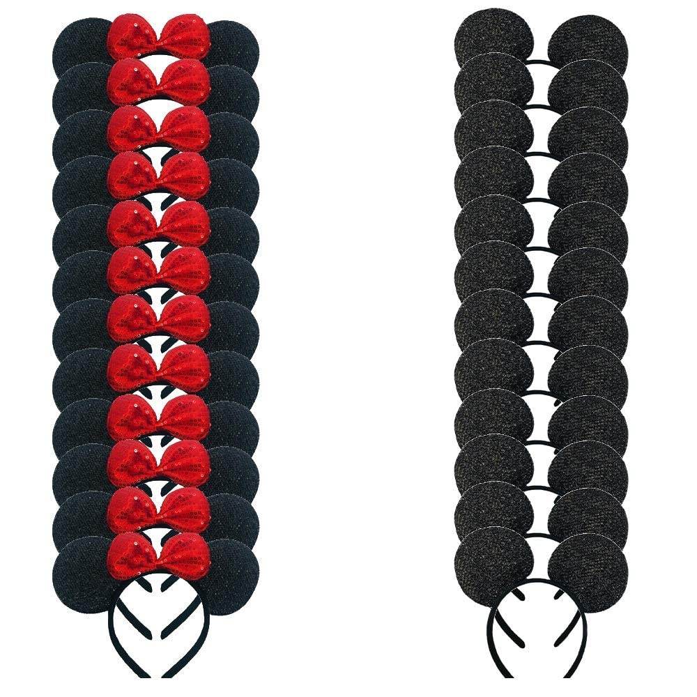 winvin Set of 24 Mouse Costume Deluxe Fabric Ears Headband Red Bow Boys Girls Birthday Party Hairs Accessories Baby Shower Headwear Halloween Favors Decorations (Sequin Black and Red)