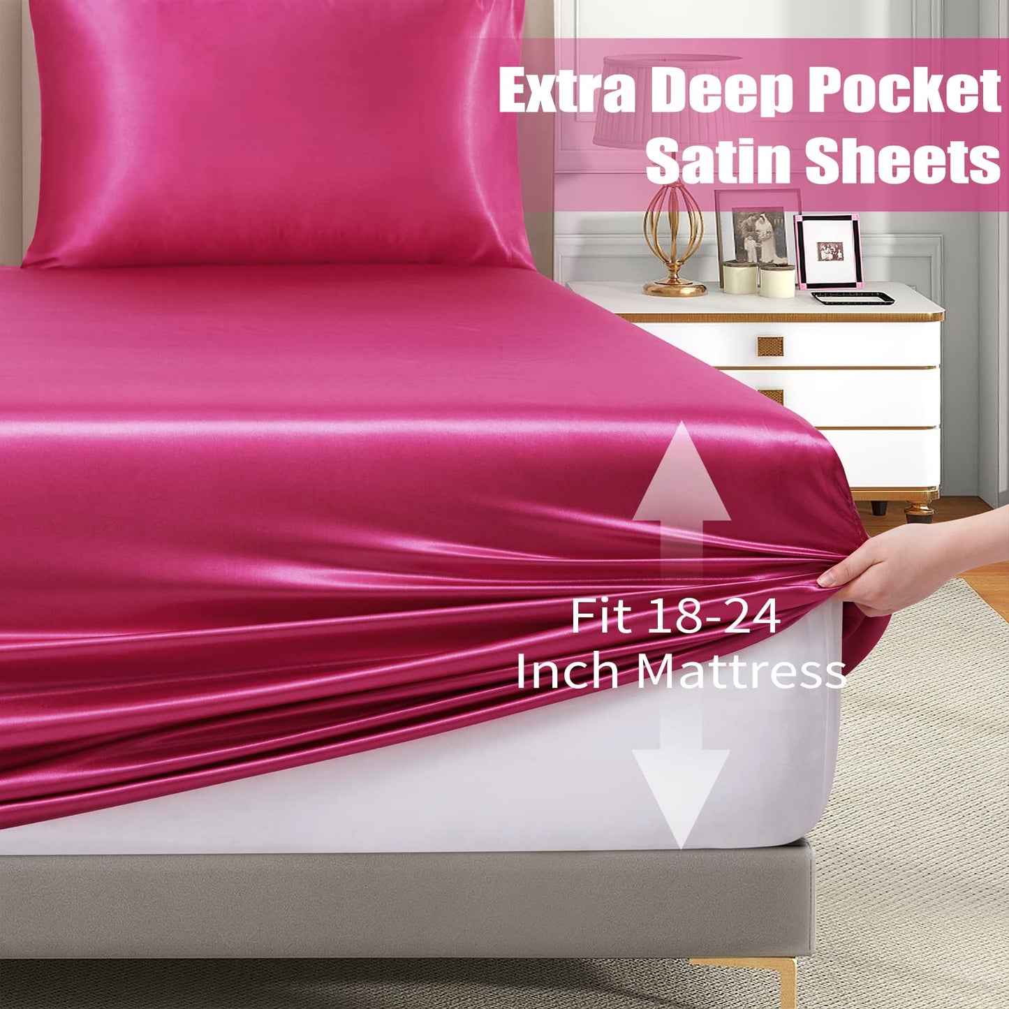 VACVELT 3pcs Extra Deep Pocket Satin Fitted Sheet Set King Bed Set, Hot Pink Bottom Sheet Fit 18-24 Inch Deep Pocket Mattress, Silky Bedding Set Soft & Ultra Deep Fitted Sheet & 2 Pillowcase