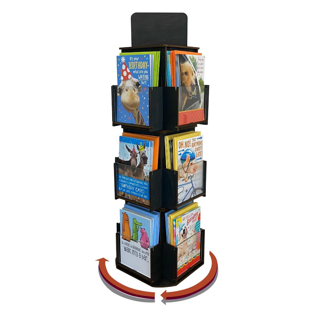 Rotating Greeting Card Display Stand, 3 Tier Wooden Organizer, 4-Sided Display Rack 360 Degree Spinning Multi-Pocket Display for Coasters, Stickers, Retail, Showcase, Tradeshow (Ebony)