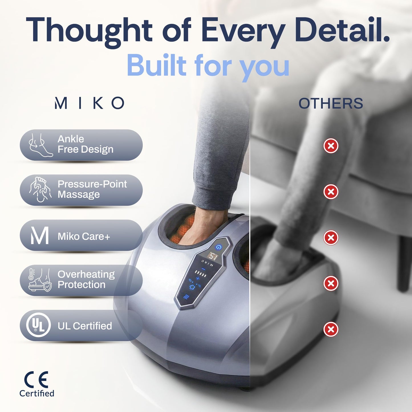 MIKO Foot Massager Machine with Deep-Kneading, Compression, Shiatsu, and Heat for Plantar Fasciitis, Neuropathy - Fits up to Men Size 12
