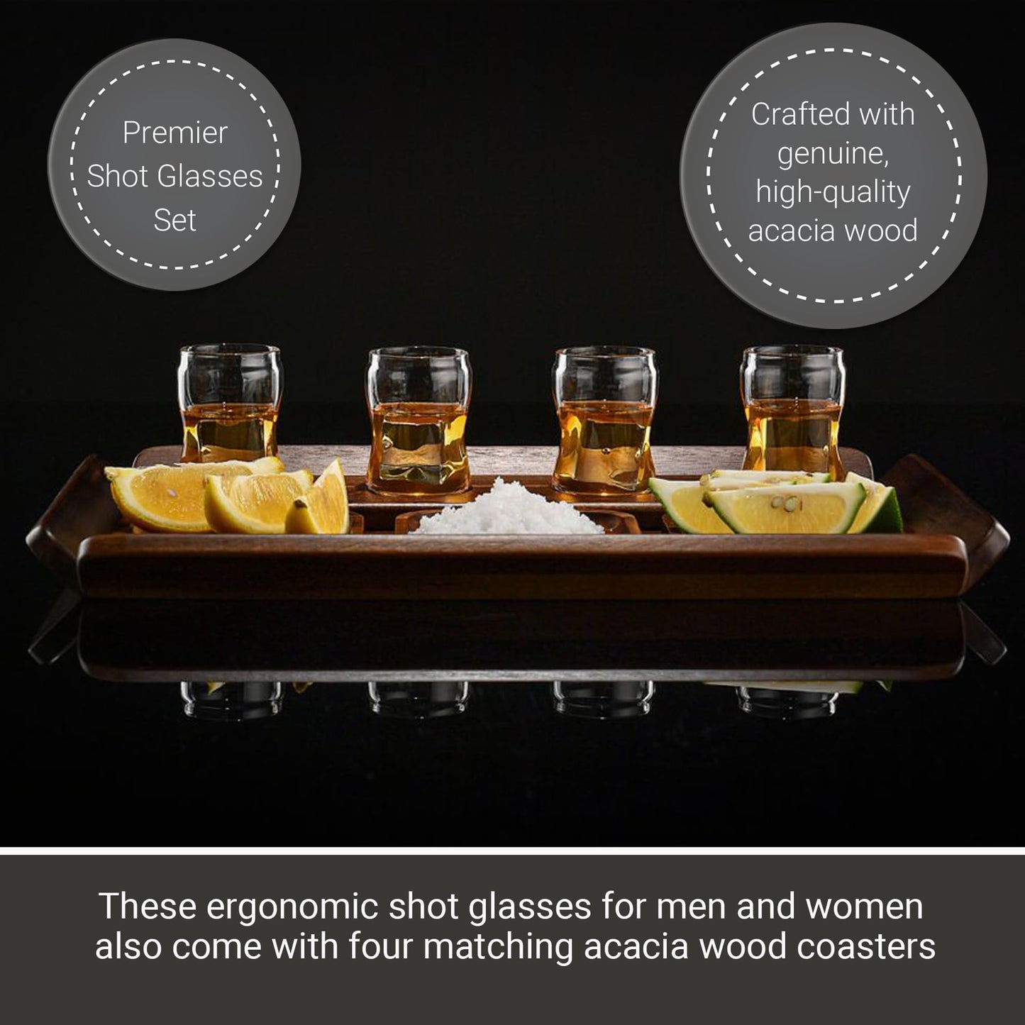 Shanik Rustic Wooden Tequila Flight Tray Set – Tasting Board with 4 Shot Glasses & Coasters, Cocktail Sampler for Parties, Home Bar, Men’s Gift, Pairing Kit