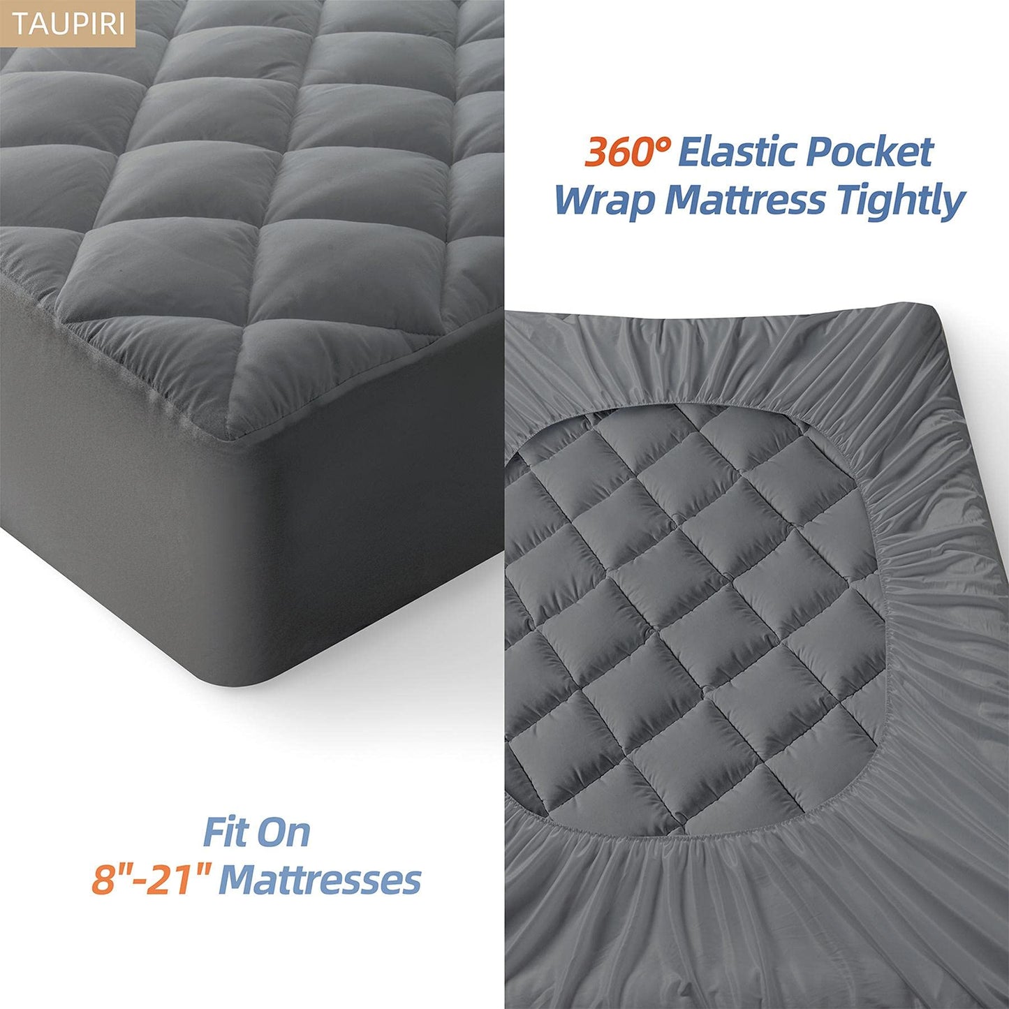 Taupiri Queen Quilted Mattress Pad Cover with Deep Pocket (8"-21"), Cooling Soft Pillowtop Mattress Cover, Down Alternative Mattress Protector Topper, Dark Gray