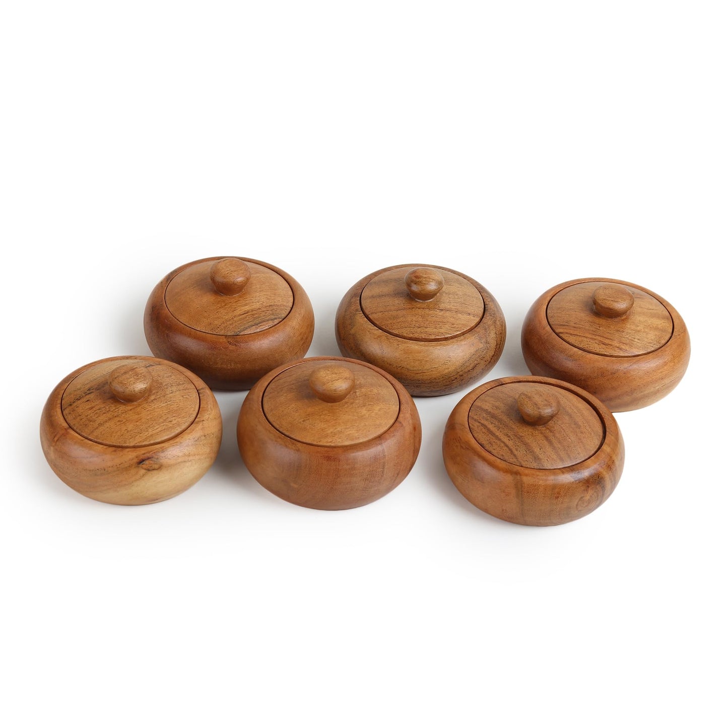 LAVAUX DESIGNS acacia wood set of 6 bowls with lid, 3.5X2 inches (3 oz), Rustic looking wood salt containers can also be used as spice box, storage for condiments, sugar, tea, celtic salt or nuts