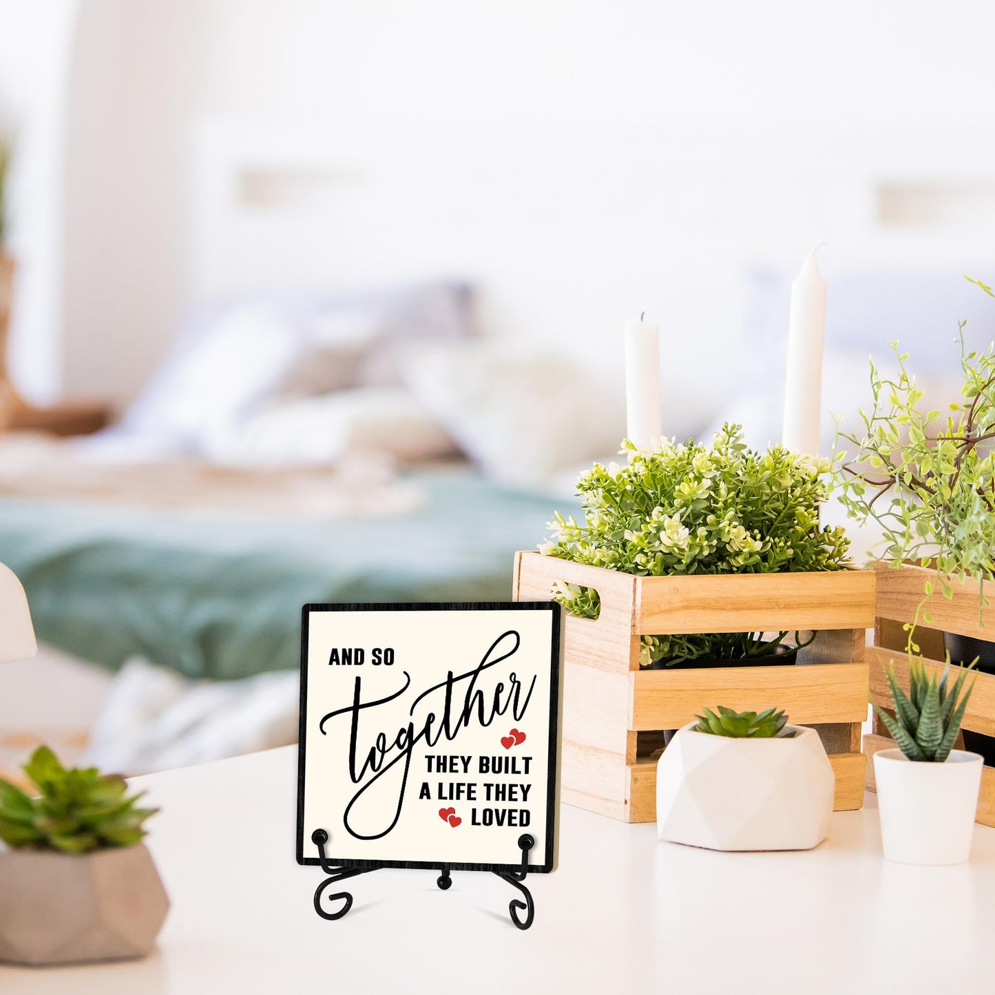 Home Desk Decor Sign, Rustic Wooden Sign With Stand, And So Together They Built A Life They Loved Sign For Farmhouse Home Living Room Bedroom Shelf Table, Family Friend Coworker -D12