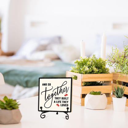 Home Desk Decor Sign, Rustic Wooden Sign With Stand, And So Together They Built A Life They Loved Sign For Farmhouse Home Living Room Bedroom Shelf Table, Family Friend Coworker -D12