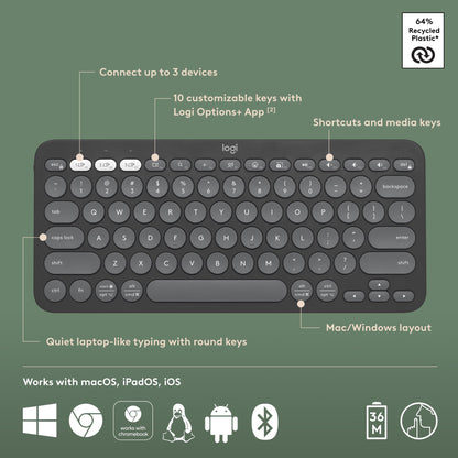 Logitech Pebble Keys 2 K380s, Multi-Device Bluetooth Wireless Keyboard with Customizable Shortcuts, Slim and Portable, Easy-Switch for Windows, macOS, iPadOS, Android, Chrome OS - Tonal Graphite