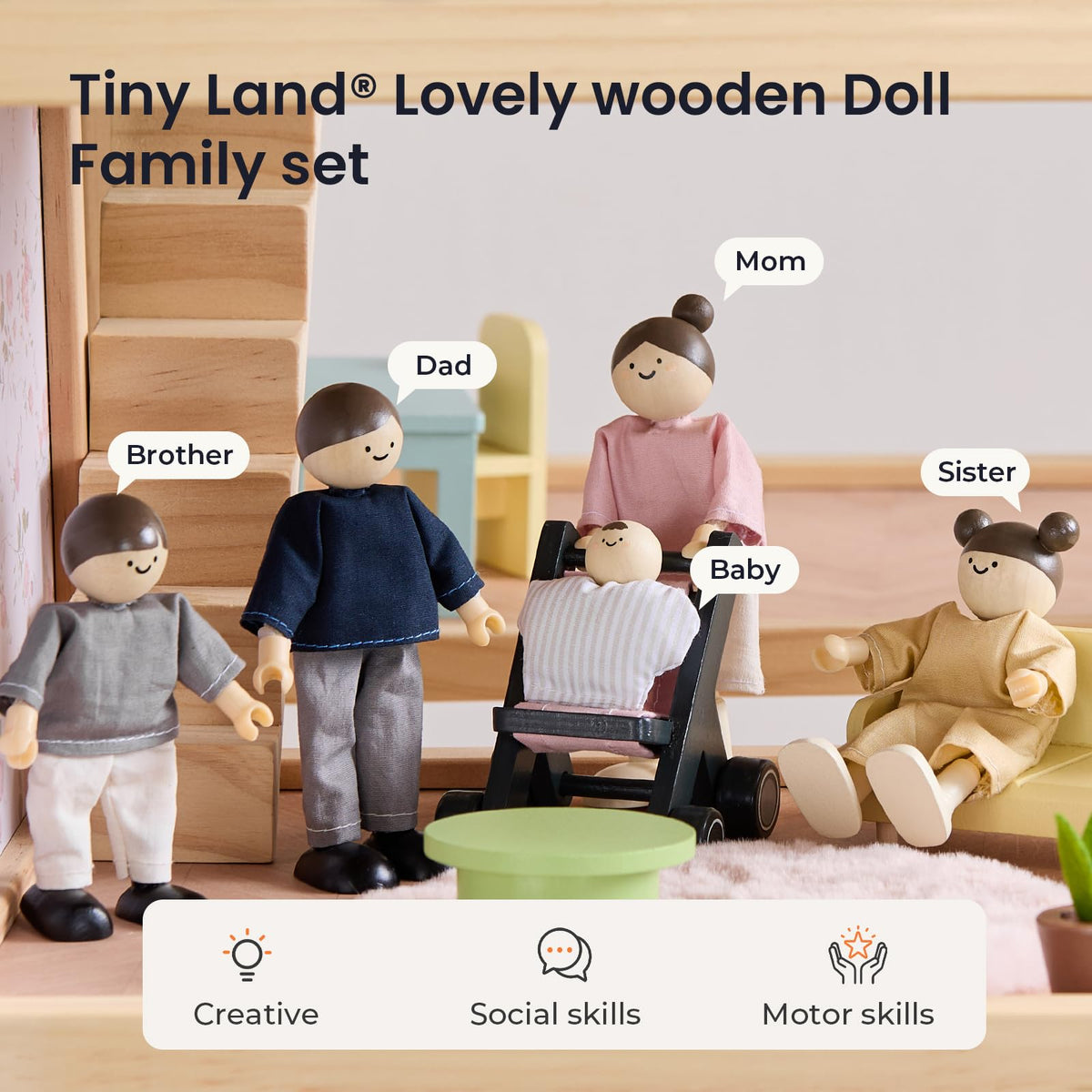 Tiny Land Wooden Dollhouse People Set，Wooden Doll House