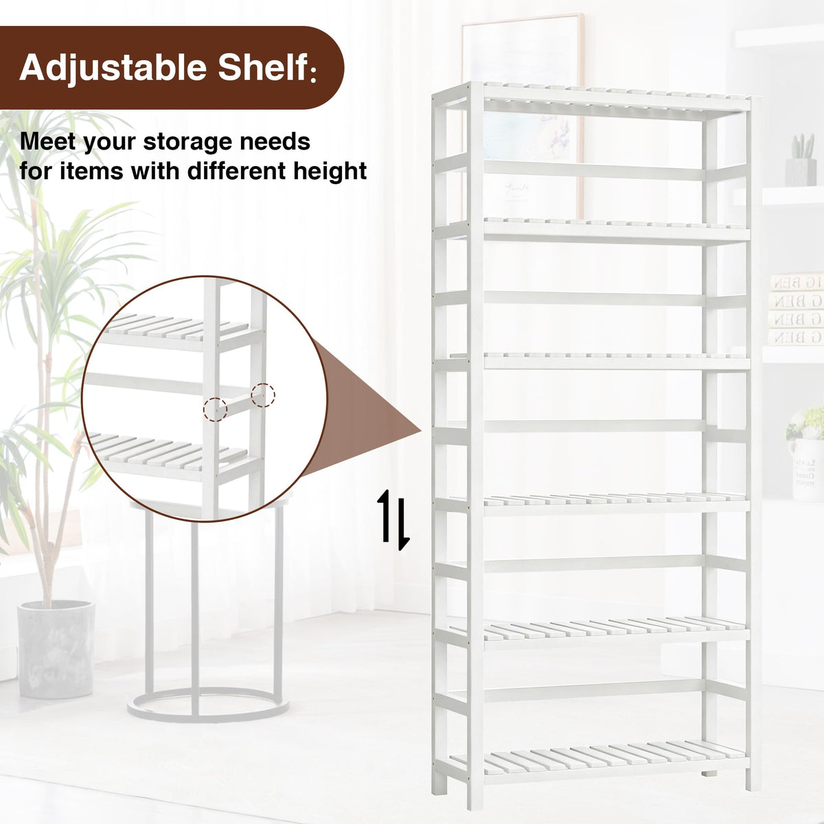 VASMIA 6-Tier Bamboo Shelf,Bamboo Storage Shelving Unit,Tall Bookcase with Adjustable Shelves,Multipurpose Storage Display Shelf for Bathroom, Living Room, Balcony, Kitchen,White