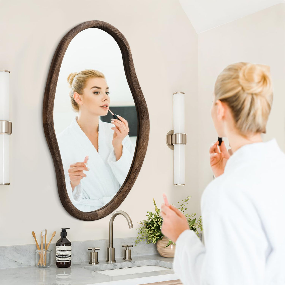 JJUUYOU Asymmetrical Mirrors Irregular Bathroom Wall Mirror 30"x18" Large Wooden Frame Modern Decorative Mirror for Makeup Bathroom Living Room Brown