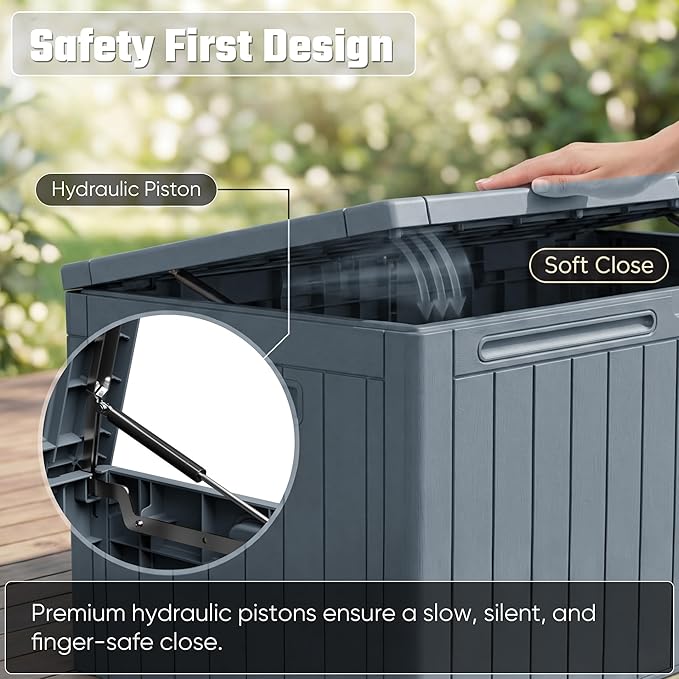 Greesum 110 Gallon Outdoor Storage Box with Lockable Lid, All-Weather Solution for Patio Furniture, Pool Supplies & Garden Tools, Waterproof, UV-Resistant Large Deck Box, Gray