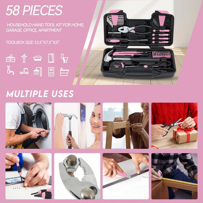 MARTCOLOR 58 Piece Household Tool Set, General Household Hand Tool Kit with Plastic Toolbox Storage Case, All Purpose Household Tool Kit for Women, Girls and Ladies, Pink