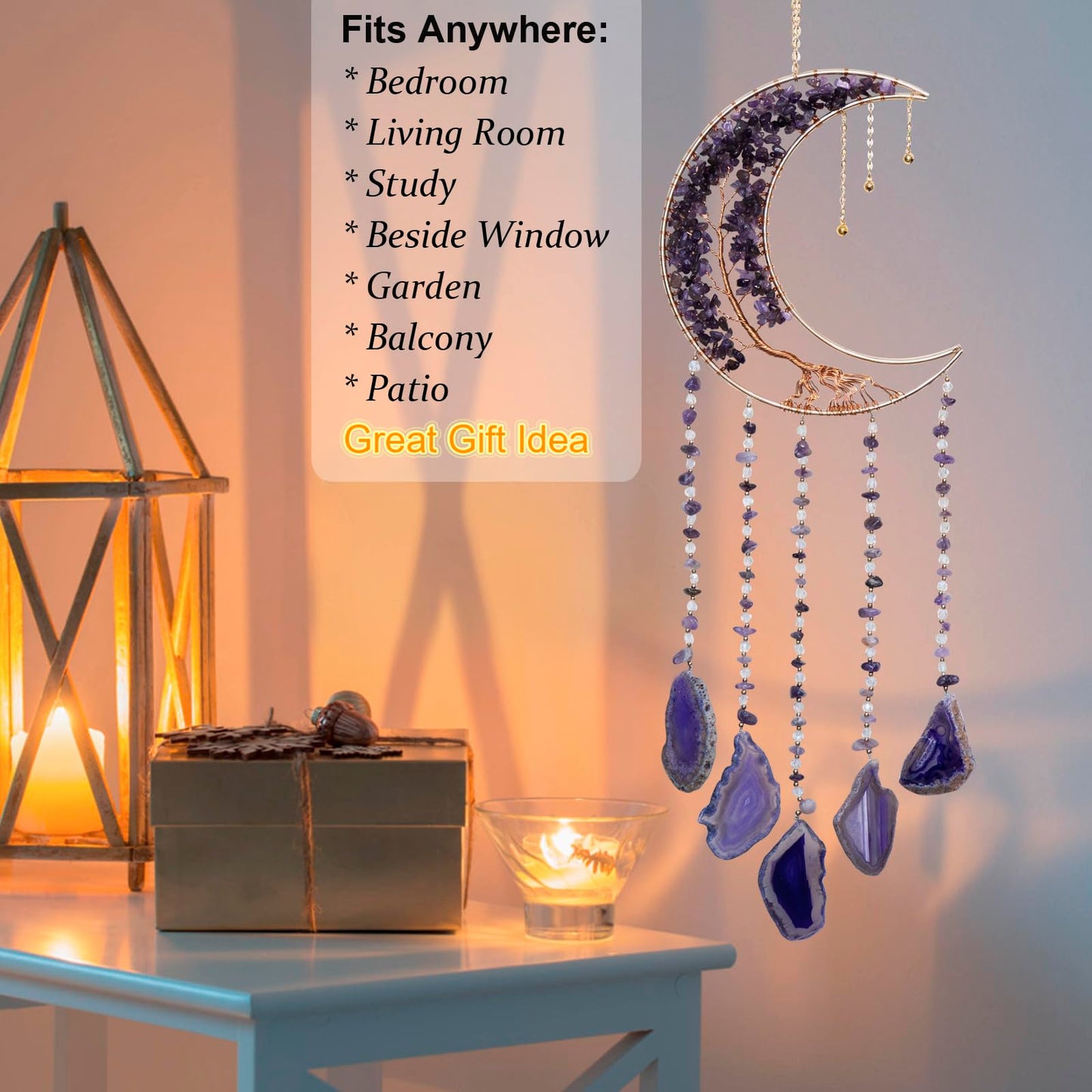 Moon Wind Chimes With Amethyst Tree for Purple Room Aesthetic, Hanging Crystal Decor for Home Wall, Purple Bedroom for Women, Unique Gifts for Women or Teen Girls