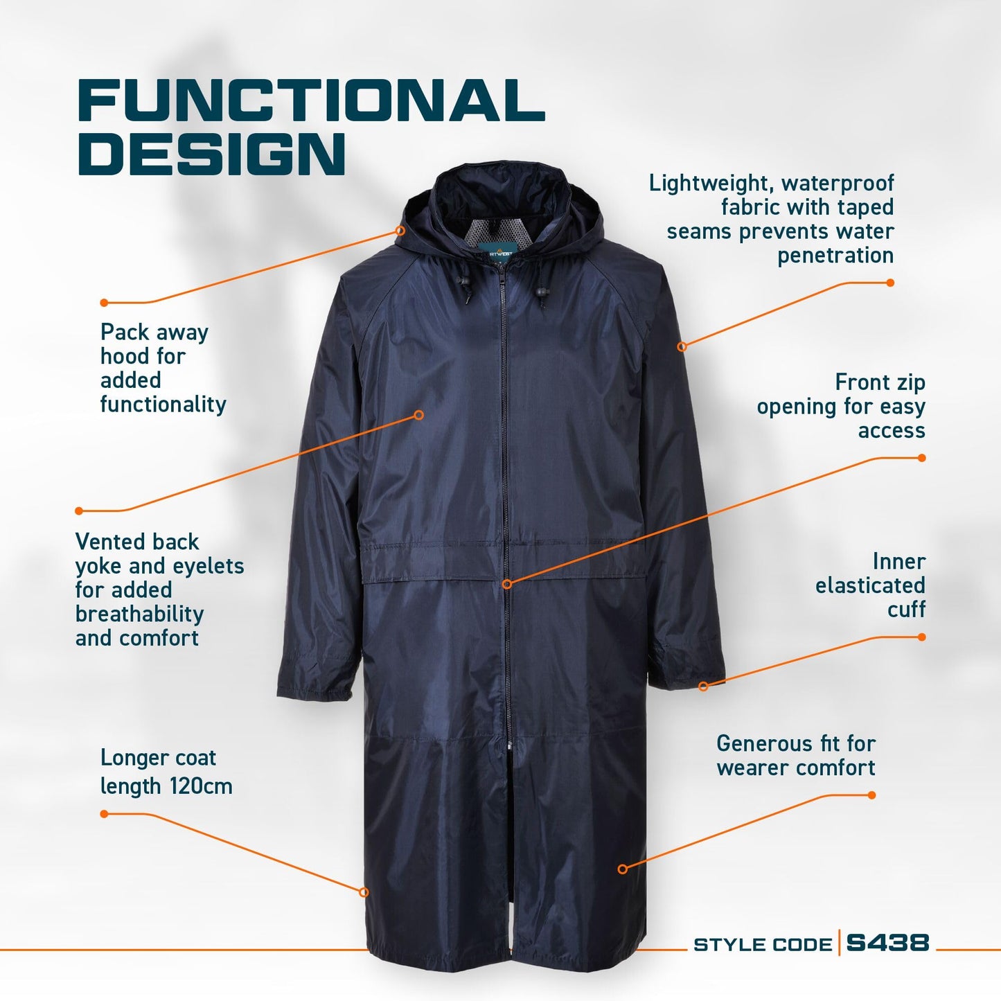 Portwest S438 Classic Waterproof Long Rain Coat with Hood - Lightweight Breathable Hiking Outdoor Mac Jacket, Navy, XL