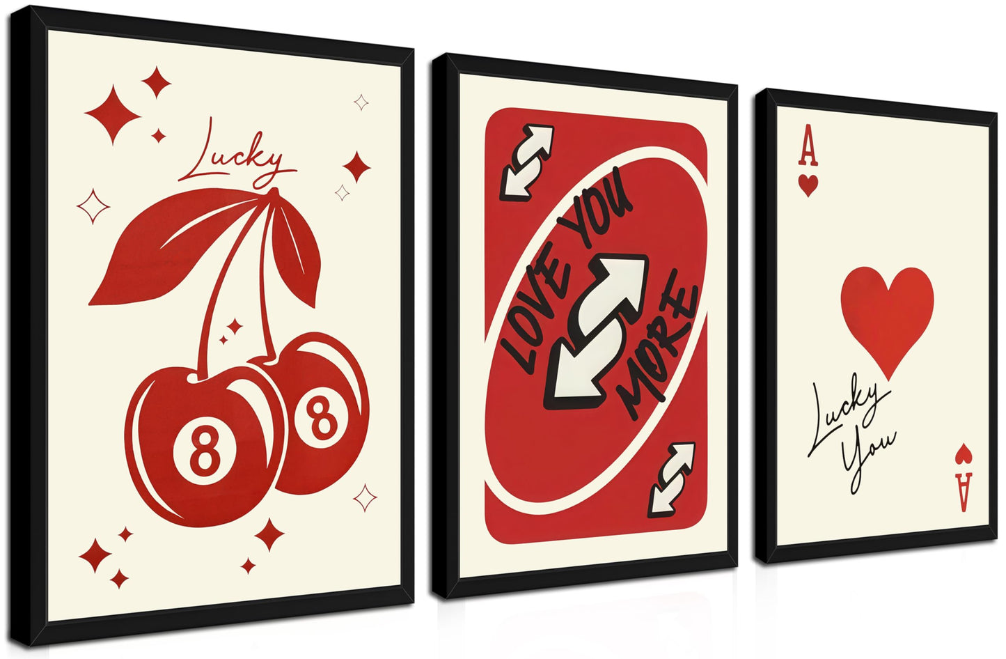 Red Heart Wall Art Set of 3, Trendy Love You More Valentine Wall Decor Paintings, Funky Y2K Ace of Hearts Canvas Prints Pictures, for Bedroom Dorm Bar Valentine Gift 12x16 Inch Wood Framed