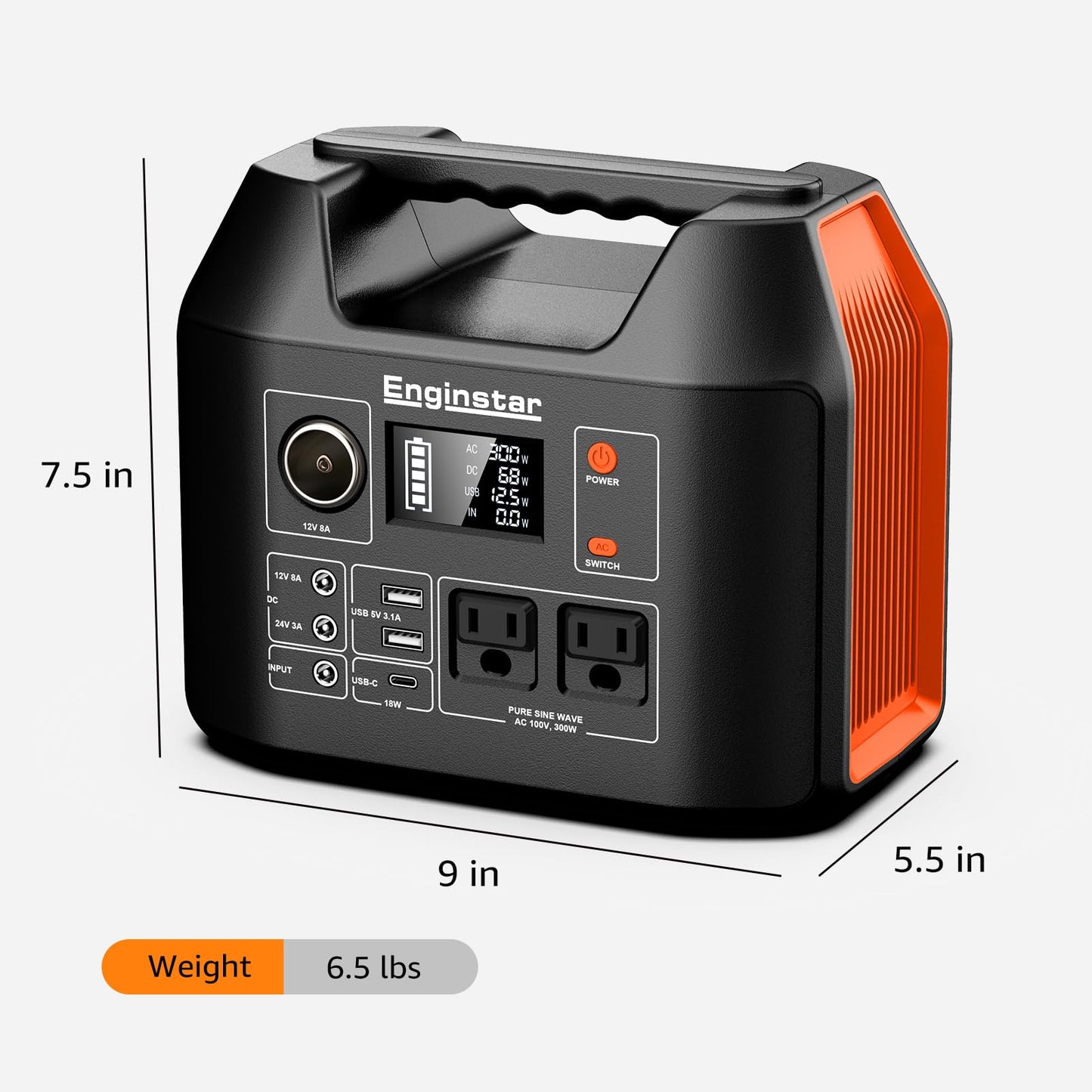 Portable Power Station EnginStar 300W Solar Generator 110V 296Wh Power Bank Two Pure Sine Wave AC Outlet 80000mAh Lithium Battery Pack for Camping Outdoors Trip RV Hunting Vans Emergency Backup
