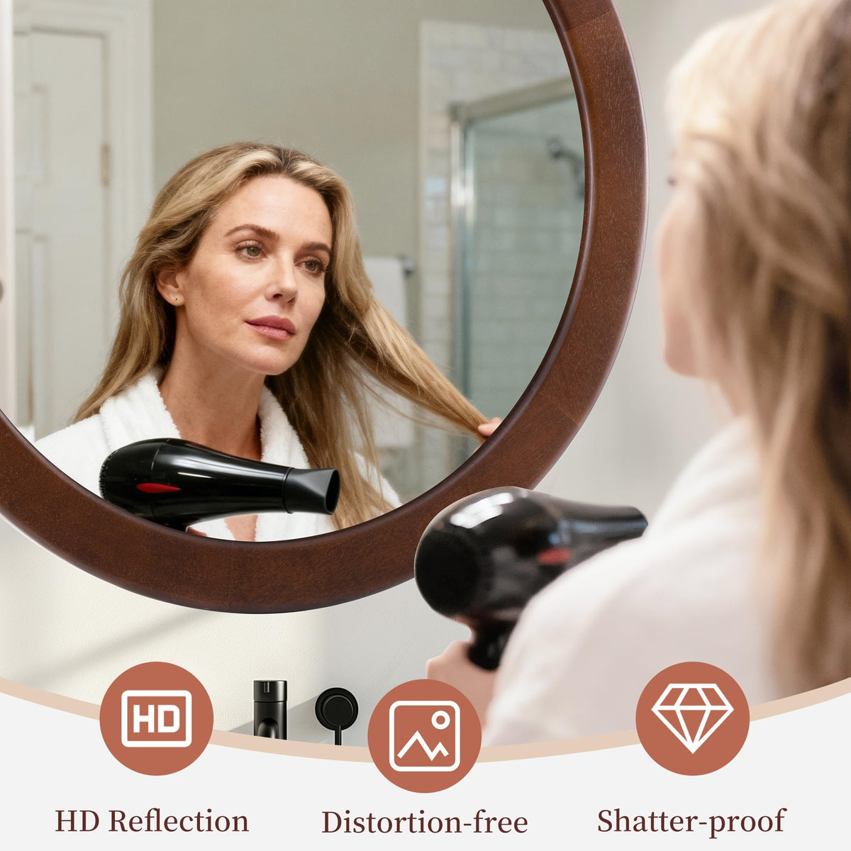 CULER Round Mirrors 30 Inch,Wood Vanity Wall Rustic Mirror with Walnut Frame, Wooden Mirror for Bathroom Bedroom Living Room Or Entryway(Walnut Brown)