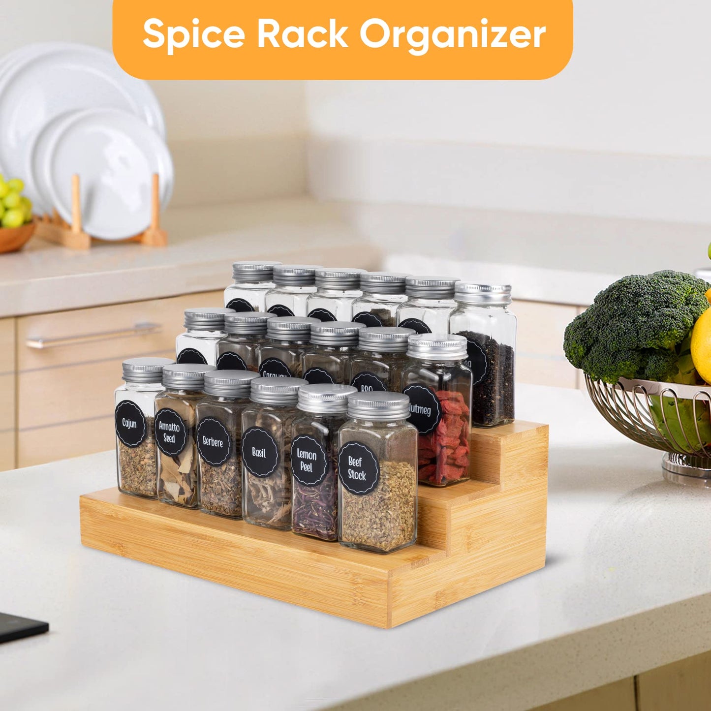 MillTu Bamboo Spice Rack Organizer for Cabinet 2 Pack - 3 Tier Countertop Step Shelf, Seasoning Storage Stand for Kitchen Pantry, Spice Holder for Jars Bottles Cans (Natural)
