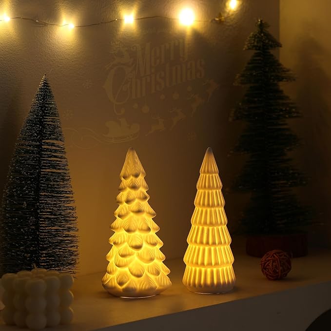 B SEPOR Light Up Ceramic Christmas Tree 3 Pack Small White Porcelain Trees with LED Xmas Figurines for Holiday Tabletop Decoration Mantel Shelf Fireplace for Home and Gift