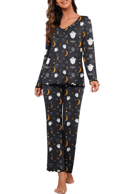 PrinStory 2025 Women's Pajama Set Long Sleeve Sleepwear Ladies Lounge Set Soft Pjs Loungewear FP-Black Moon Ghost-S