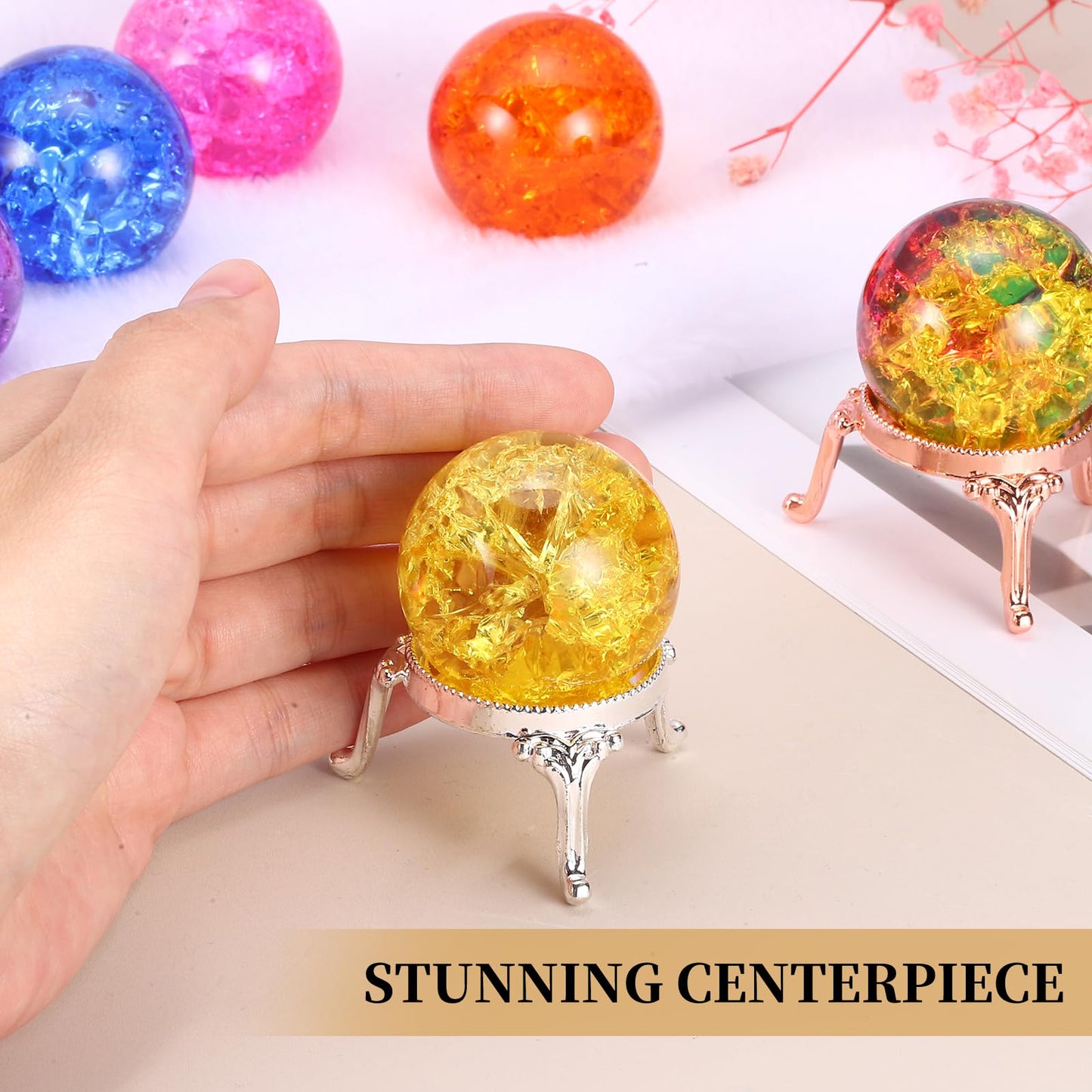 PATIKIL Crystal Ball 40mm, Ice Cracked Glass Ball with Metal Stand, Decorative Crystal Sphere Glass Paperweight for Home Wedding Office Party Table Decor Ornaments, Dark Blue/Gold