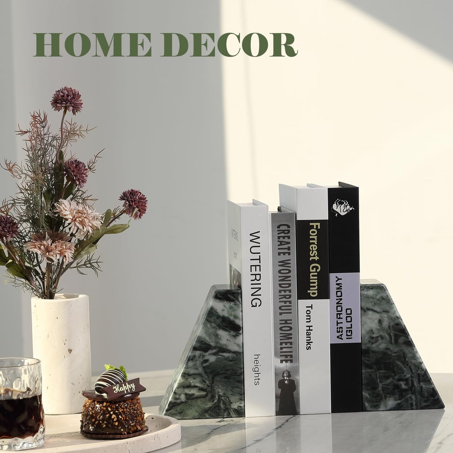 Karibiber Marble Bookends for Heavy Books, Decorative Bookends for Shelves, Green Stone Book Ends, Heavy-Duty Book Ends for Hardback Book & Cookbooks, Unique Book Stopper & Holder, Set of 2