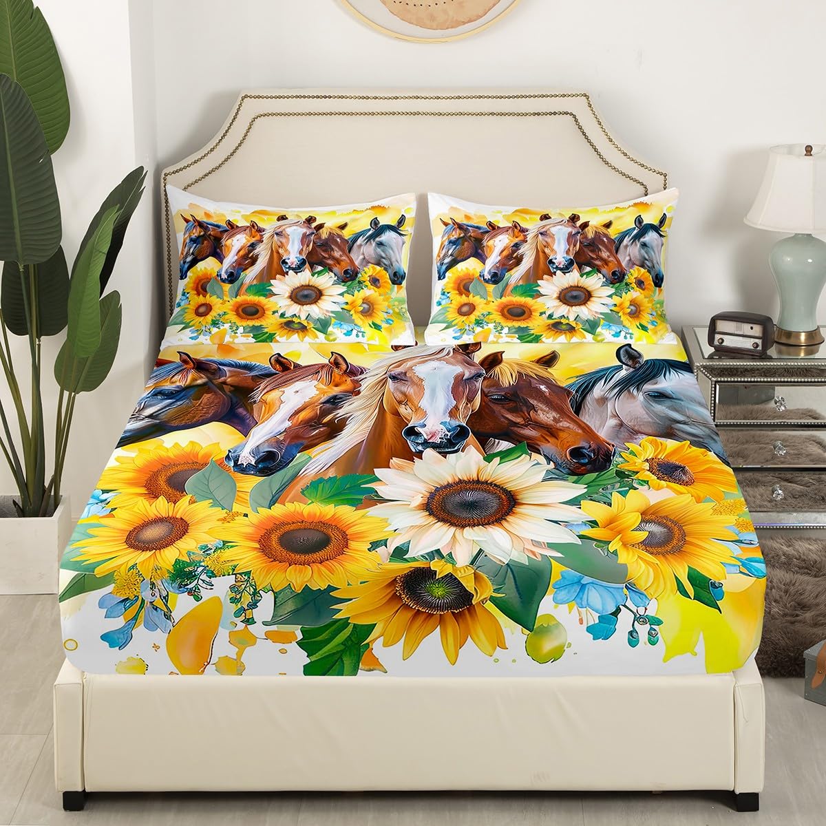 Kids Horse Bedding Set, Blooming Sunflower Fitted Sheet Full Size, Western Cowboy Bed Sheet for Boys Teens Adult, Floral Branches Rustic Bed Cover Bedroom Decor, Yellow Brown White(No Top Sheet)