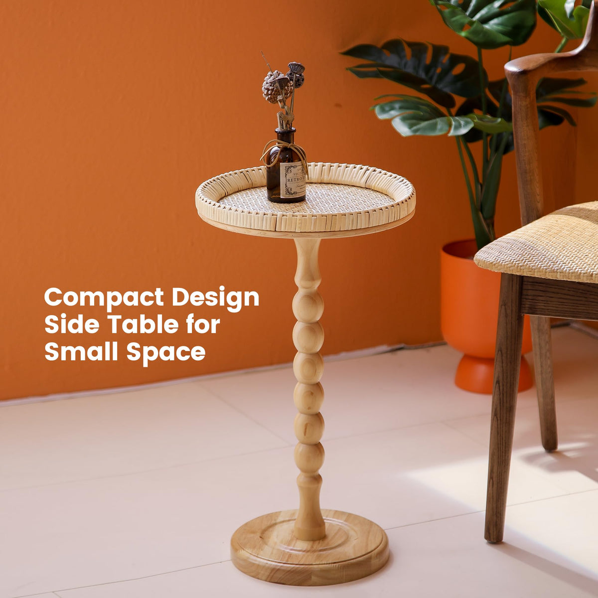 HuiDao Drink Table，Rattan Round Small Side Table for Small Spaces, Boho Circle End Table Coffee Table with Solid Wood Leg for Living Room, Pedestal Table for Bedroom, Corners
