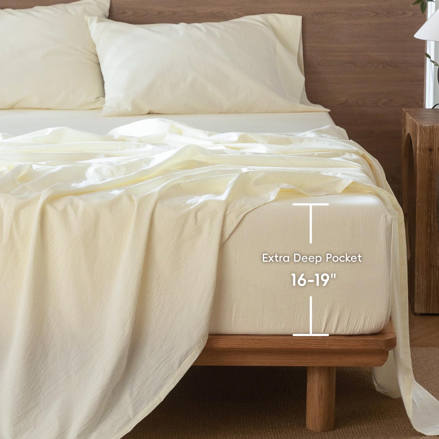 MooMee Fitted Bottom Sheet Only 100% Washed Cotton Linen Like Textured Breathable Durable Soft Comfy Deep Pocket Fits Mattress up to 17" (Cream White, Queen)