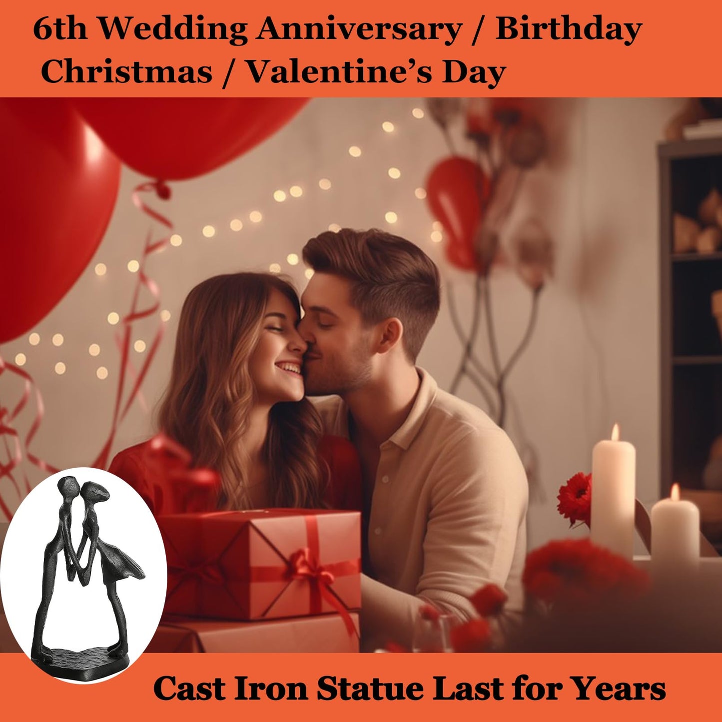 Aoneky Affectionate Couple Art Iron Sculpture, 6 Years of Love Wedding Passionate Love Figurine Statue Romantic Metal Ornament Mantelpiece Table Decoration (Hold Hands Kiss)
