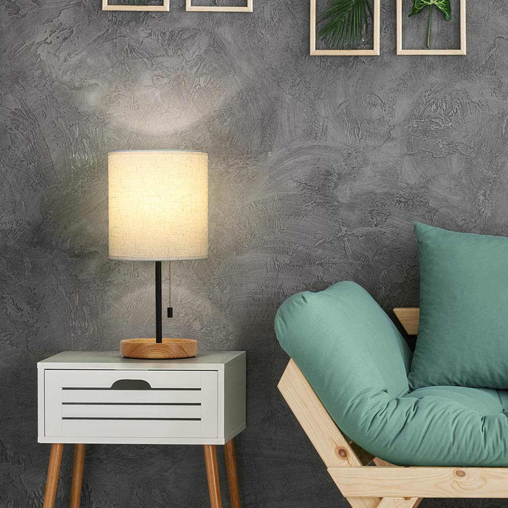 CADUKE Modern Table Lamp, Nightstand Desk Lamp, Bedside Lamp with Wood Base and Linen Shade for Living Room, Bedroom, Office, College Dorm