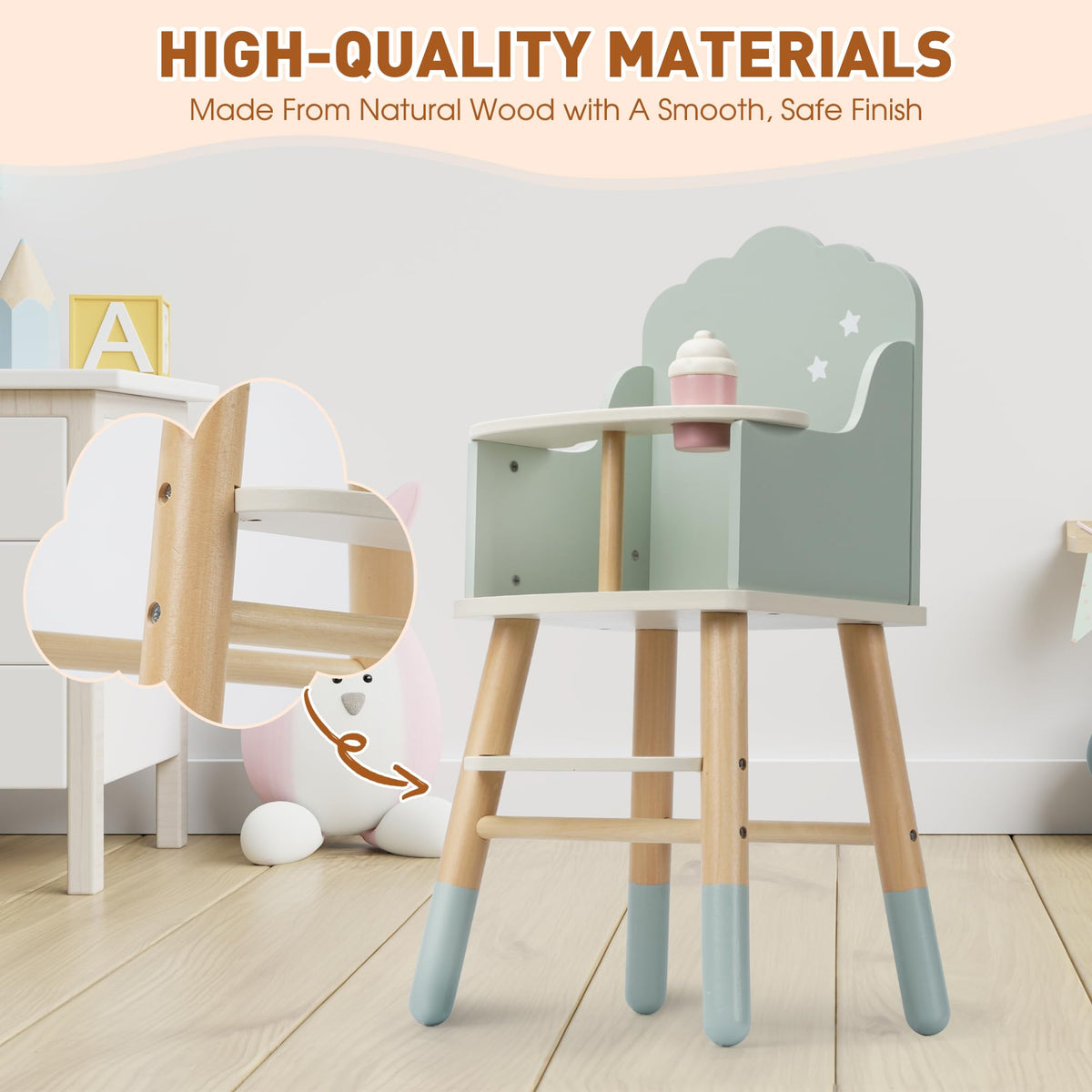 Pithfor Wooden Baby Doll High Chair, Baby Doll Furniture, Fits Up to 18 inch Dolls, 18 inch Doll Accessories - Green