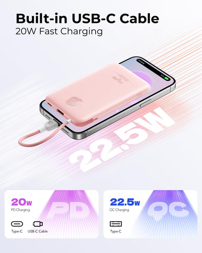 VIYISI Slim Portable Charger Power Bank 10000mAh, PD 20W Fast Charging Compact Battery Pack with Built-in USB C Cable, Travel Essential Compatible with iPhone 17 16 15, Samsung, Android - Pink