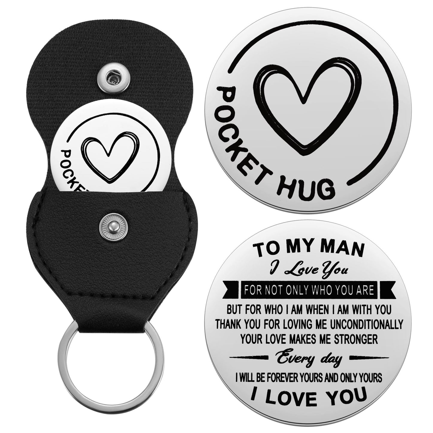 To My Men Pocket Hug Token I Love You Gift for Husband Boyfriend Birthday Christmas Anniversary Valentines Day Gift for Him Double Sided Message Engraved with Leather Keychain