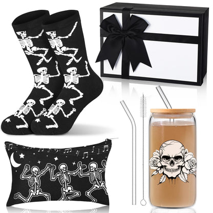 Skylety Goth Dancing Skeleton Gift Box of 4 Include 16oz Goth Glass Cup Gothic Stuff Spooky Sock Makeup Bag Spooky Gift Baskets for Xmas Holiday Women Gothic Lovers Stuff