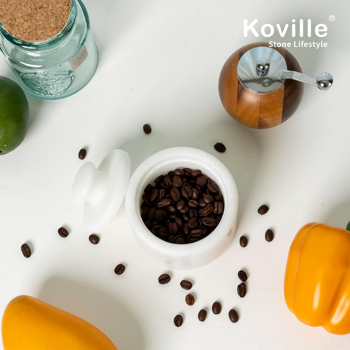 Koville Marble Salt Cellar with Lid 3.5" White, Stone Pepper Container & Spice Jars for Kitchen, Marble Salt and Pepper Holder, Stone Storage Box for Kitchen Counter, Spice Jar(Namib Fantasy White)