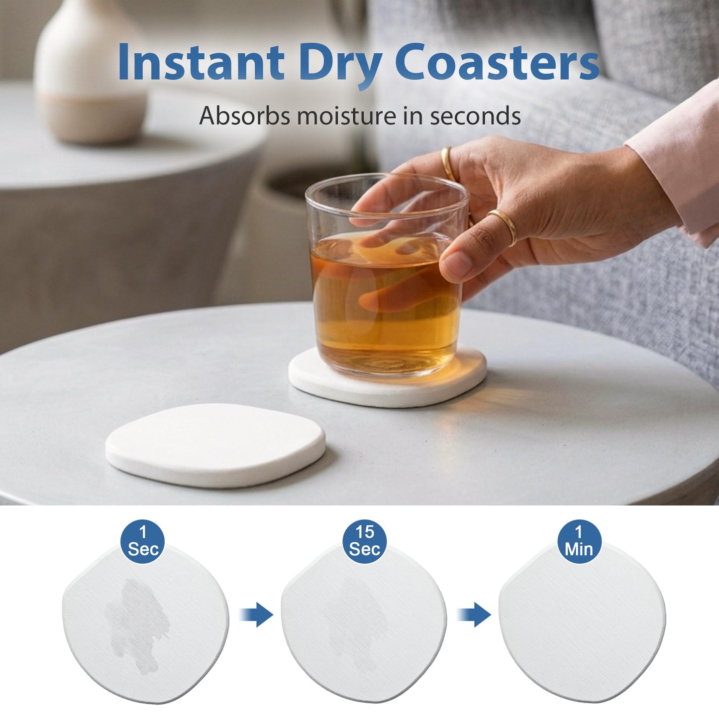 Diatomaceous Earth Coasters Set of 6 for Drinks, Moisture Water Absorbent Stone Coasters for Table Desk at Work, Water Absorbing Instant Drying Diatomite, Modern White