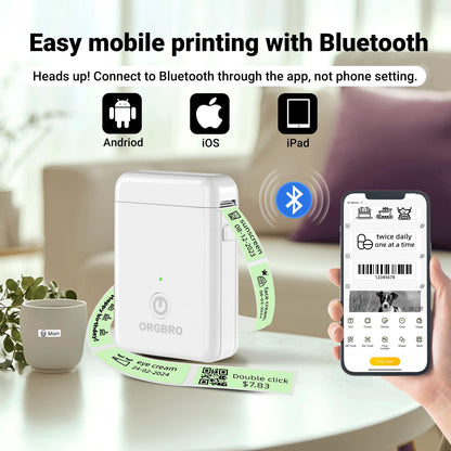 ORGBRO X1 Label Maker Machine with Tape Thermal Portable Bluetooth Label Printer for Smartphones Mini Handheld Sticker Maker with Multiple Templates for School Office Home Kitchen Organization, White