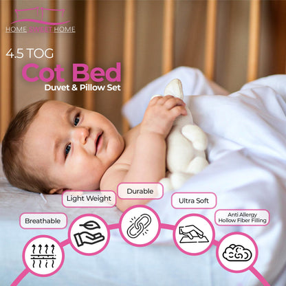 Home Sweet Home UK Toddler Cot Bed Duvet And Pillow Set - 100% Microfiber Anti Allergy 4.5 Tog Junior Baby Duvet And Pillow - Toddler Bedding Cot Bed Set 120 x 150 cm