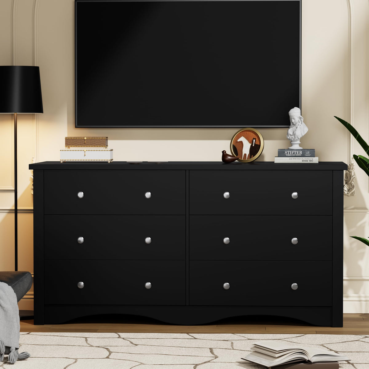 YESHOMY Dresser for Bedroom with 6 Drawers, 47.2" Modern Chest of Drawers, Wooden Dressers, TV Stand for Living Room,Closet, Hallway (Black)
