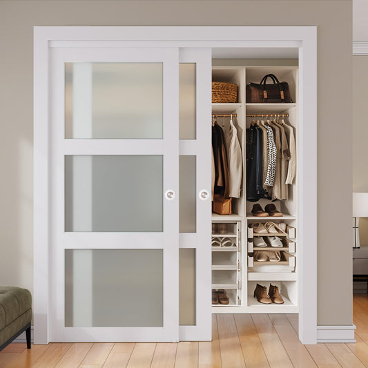 SMARTSTANDARD Sliding Closet Door, 64"×80"(Double Barn Doors 33"), Double Frosted 3 Panel Glass Sliding Door with Hardware Kit, Pre-Drilled Door Panel, Need to Assemble, MDF with PVC Surface, White