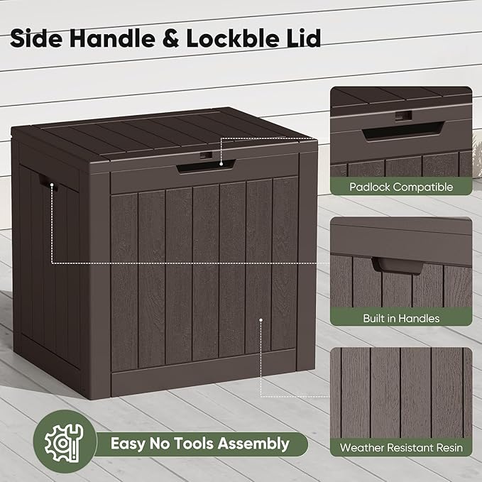 NEWBULIG 31 Gallon Outdoor Storage Box, Waterproof Deck Box with Lockable Lid, Patio Furniture Bench & Side Table, Easy Assembly, for Garden, Pool, Patio & Backyard Organization, Brown