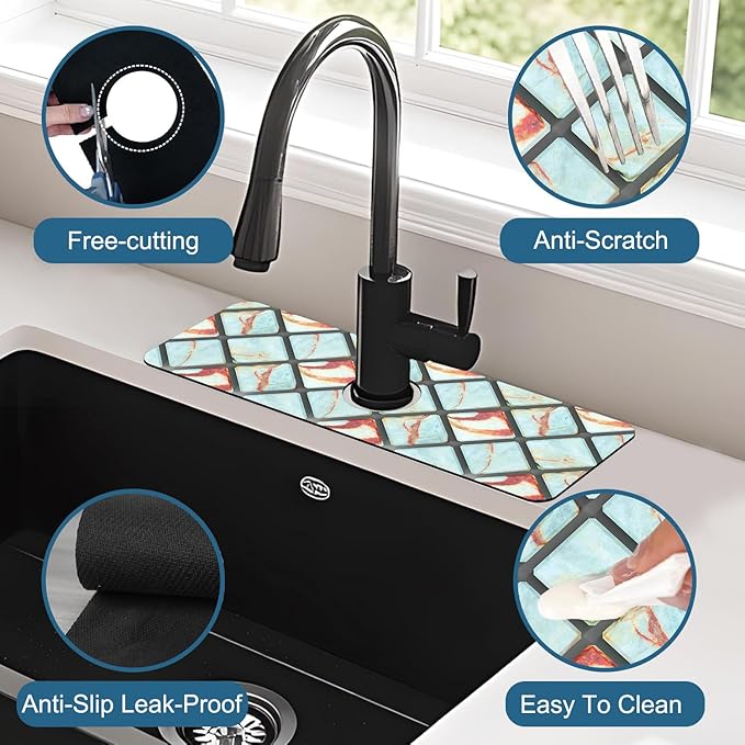 Rendering Marble Sink Splash Guard Faucet Mat Blue Wall Tiles Super Absorbent
