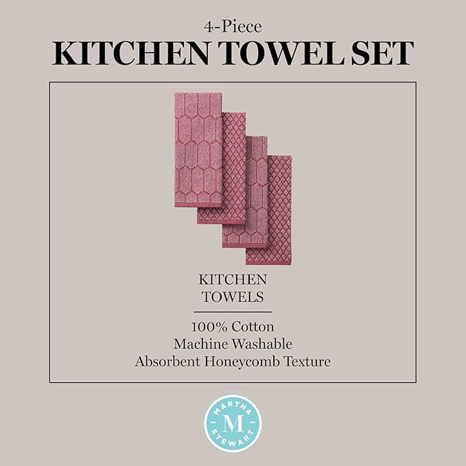 Martha Stewart Honeycomb Chambray Textured Kitchen Towel 4-Pack Set, 100% Cotton