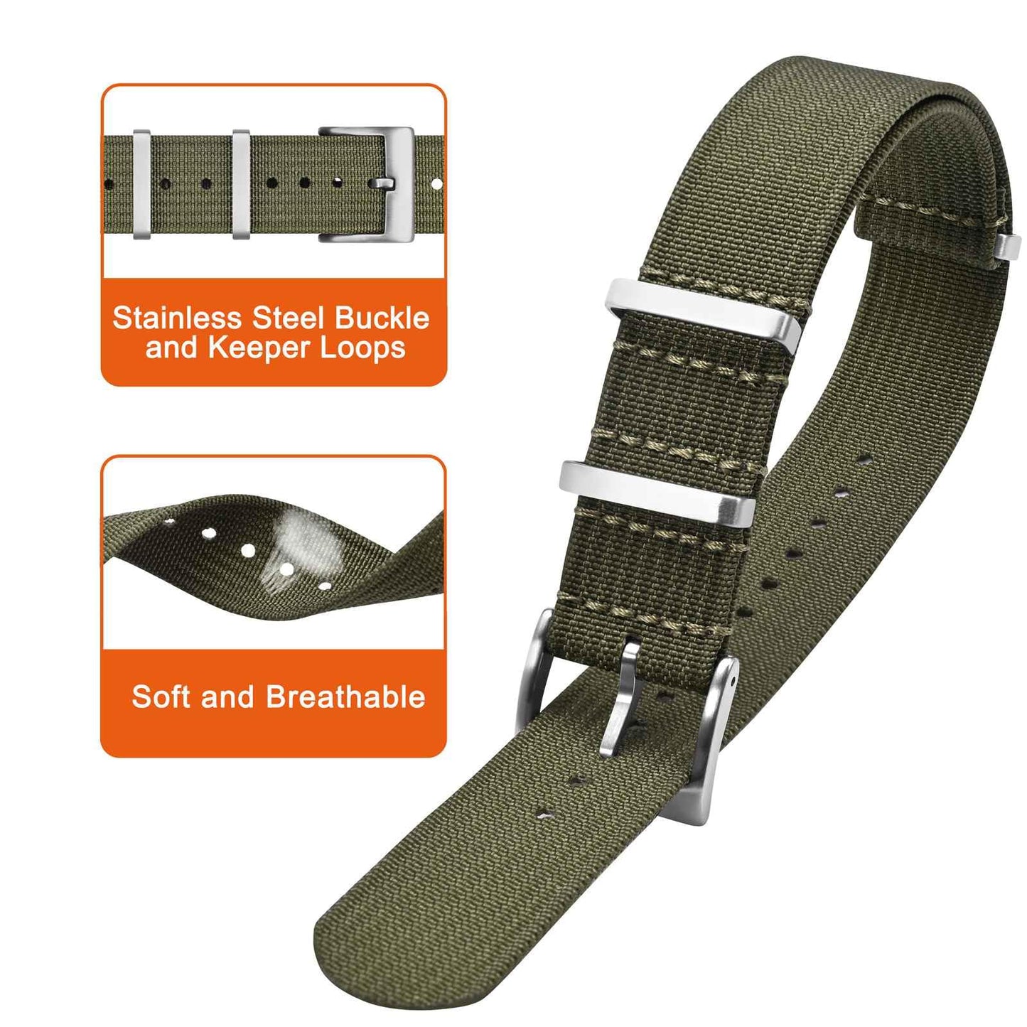 ANNEFIT Nylon Watch Strap 18mm, One-Piece Waterproof Military Watch Band with Heavy Silver Buckle (Army Green)