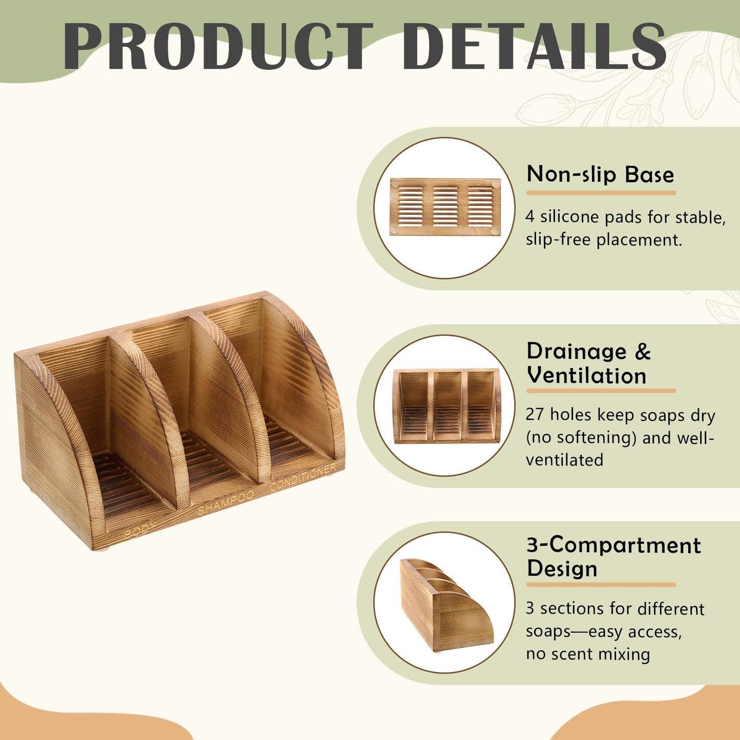 Ferrochef Wooden Shampoo Bar Holder Multi Bar Soap Dish with Self Draining, 3 Slot, Natural Wood Soap Holder for Shower Conditioner Bathroom Organizer, Extend Shampoo Life, Keep Dry Neat