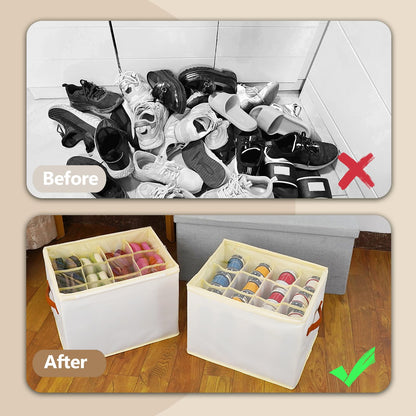 Patinao 2 Pack Shoe Storage Box Organizer for Closet - 24 Cell Space Saver Shoes Containers Bin with Clear Lids Stackable, Can Fit Ottoman, Foldable Shoe Rack Cabinet Cubby for Wardrobe