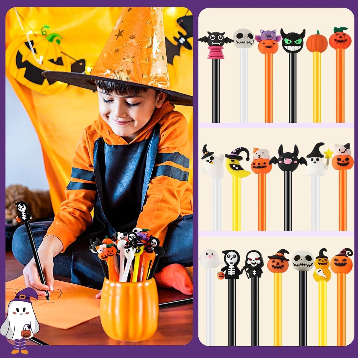 SANNIX 50 Pieces Halloween Pens, Fun Cartoon Pumpkin Ghost Skull Bat Gel Ink RollerBall Pens for Kids Gift School Class Birthday Party Supplies Halloween Party Favors