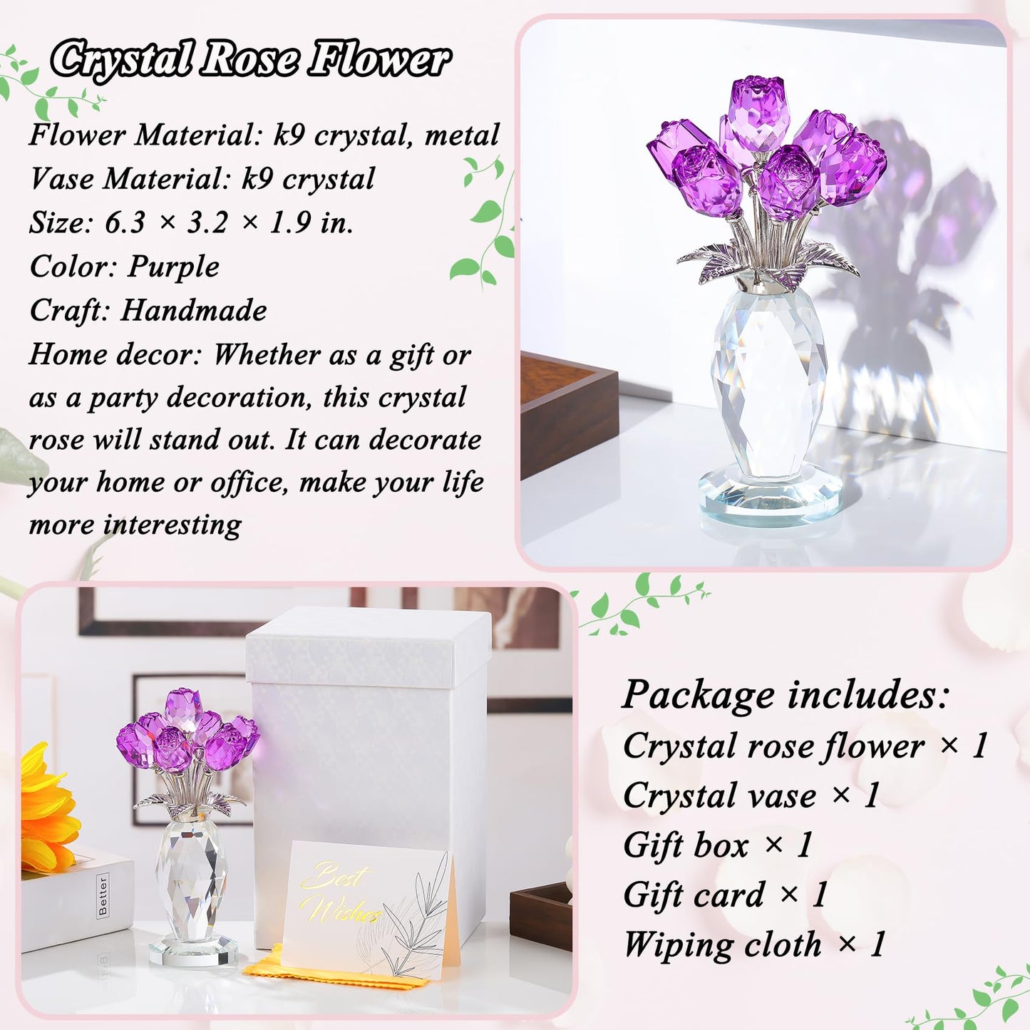 Arikyrist Crystal Purple Rose Flower Figurine with Vase, Handmade Romantic Rose Gifts Bouquet for Wife Mom Women, Glass Rose Flower with Stem Home Decor for Valentine Mother's Day Christmas