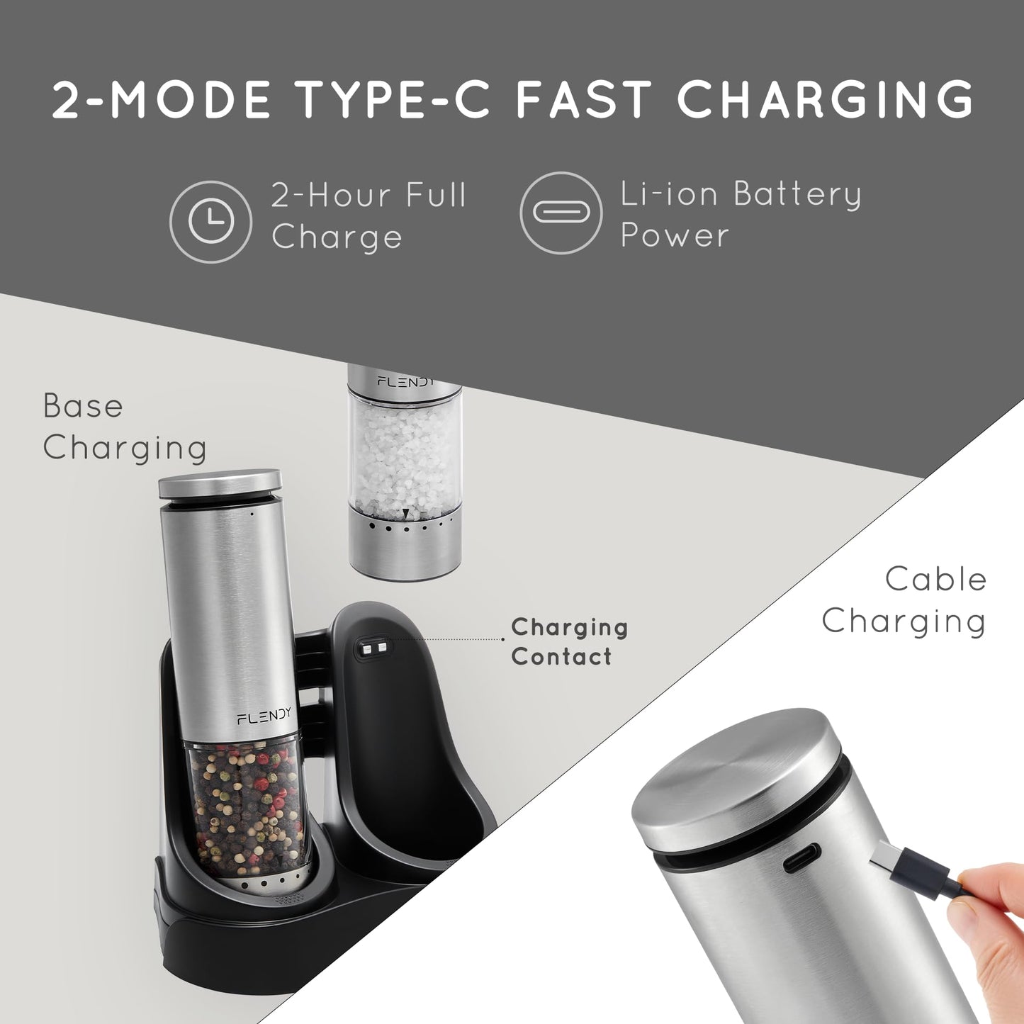 Flendy Electric Salt and Pepper Grinder Set Rechargeable, Automatic Salt and Pepper Grinder Set with Oversized Top Button, Stainless Steel Electric Salt and Pepper Shakers Set
